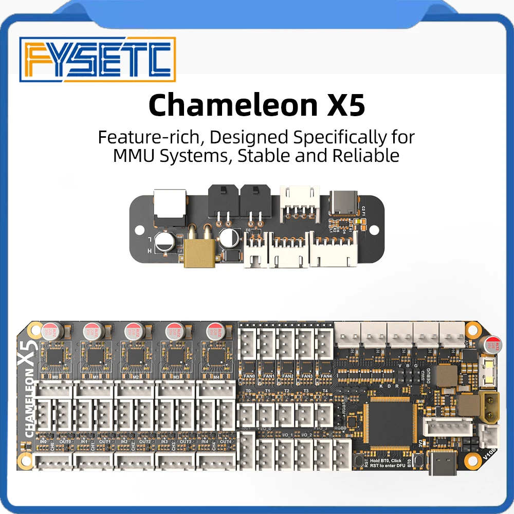 Материнская плата FYSETC Chameleon X5 с системой ERCF QuattroBox MMU, поддержкой сушки горячим воздухом и связью USB/CANBUS
Материнская плата FYSETC Chameleon X5 с системой ERCF QuattroBox MMU, поддержкой сушки горячим воздухом и связью USB/CANBUS