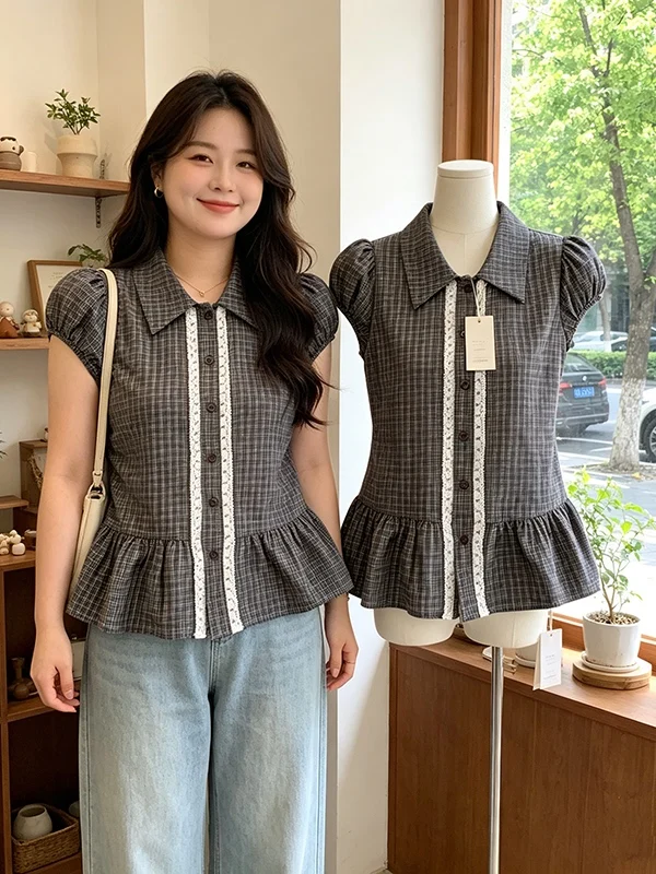 plus Size Women's Summer New Vintage Lace Splicing Plaid Short Sleeve round Neck Top Simple Match Korean Style Commute Wind
plus Size Women's Summer New Vintage Lace Splicing Plaid Short Sleeve round Neck Top Simple Match Korean Style Commute Wind