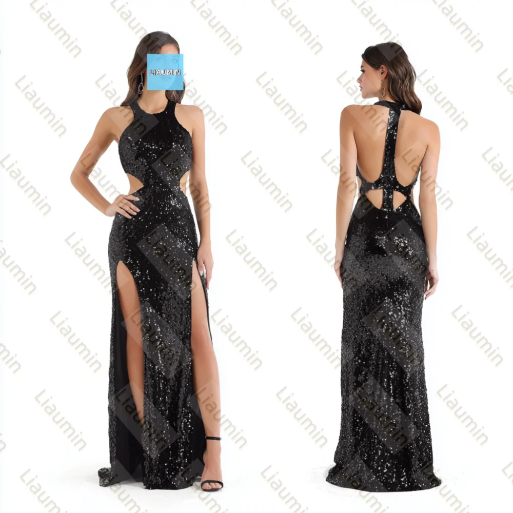 Sexy Black Sequin Prom Dress With Side Cutouts A High Slit Halter For Wedding Formal Occasion Backless Customized Hand Made A6-3
Sexy Black Sequin Prom Dress With Side Cutouts A High Slit Halter For Wedding Formal Occasion Backless Customized Hand Made A6-3