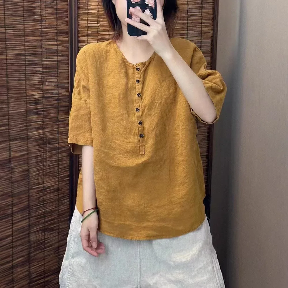 2026 Summer New Women Retro Cotton Linen Shirt Round Neck Short Sleeve Open Front Top Loose Versatile Age reducing Casual Blouse
2026 Summer New Women Retro Cotton Linen Shirt Round Neck Short Sleeve Open Front Top Loose Versatile Age reducing Casual Blouse