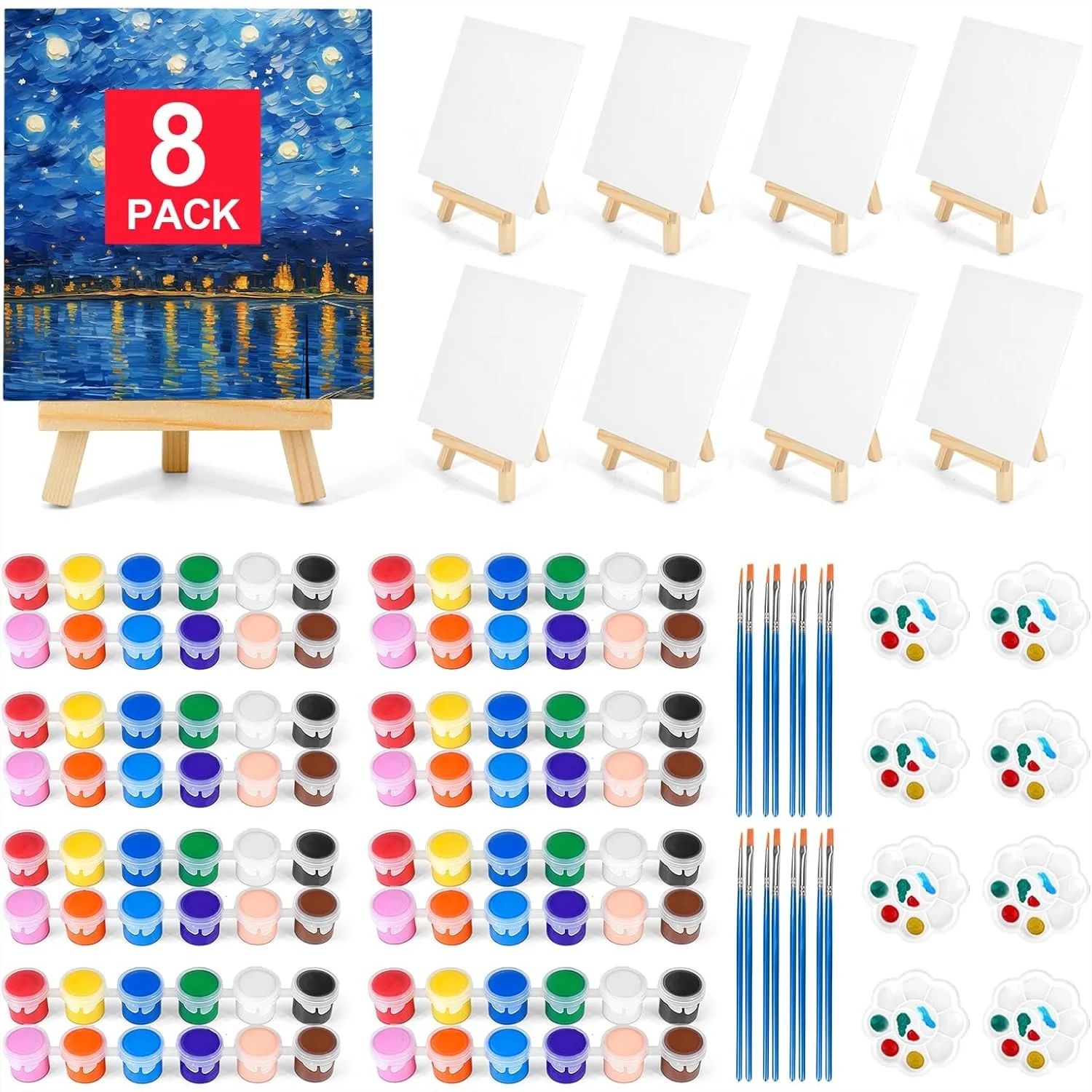 8 Pack 8x10 Inch Canvas Boards for Painting with 16 Brushes, 8 Paint Trays, 16 Acrylic Paints, and Easel Set for Adults
8 Pack 8x10 Inch Canvas Boards for Painting with 16 Brushes, 8 Paint Trays, 16 Acrylic Paints, and Easel Set for Adults