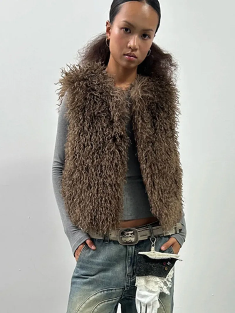 Fashion Brown Imitation Mongolia Sheep Fur Vest Women's V-neck Loose Fit Thick Plush Waistcoat Winte BS97
Fashion Brown Imitation Mongolia Sheep Fur Vest Women's V-neck Loose Fit Thick Plush Waistcoat Winte BS97