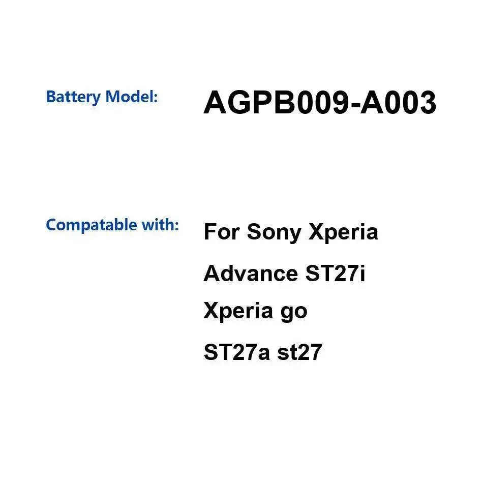 AGPB009-A003 1265Mah Fast Charging Mobile Phone Battery For Sony Xperia Advance St27i GO St27a St27 Safe
AGPB009-A003 1265Mah Fast Charging Mobile Phone Battery For Sony Xperia Advance St27i GO St27a St27 Safe