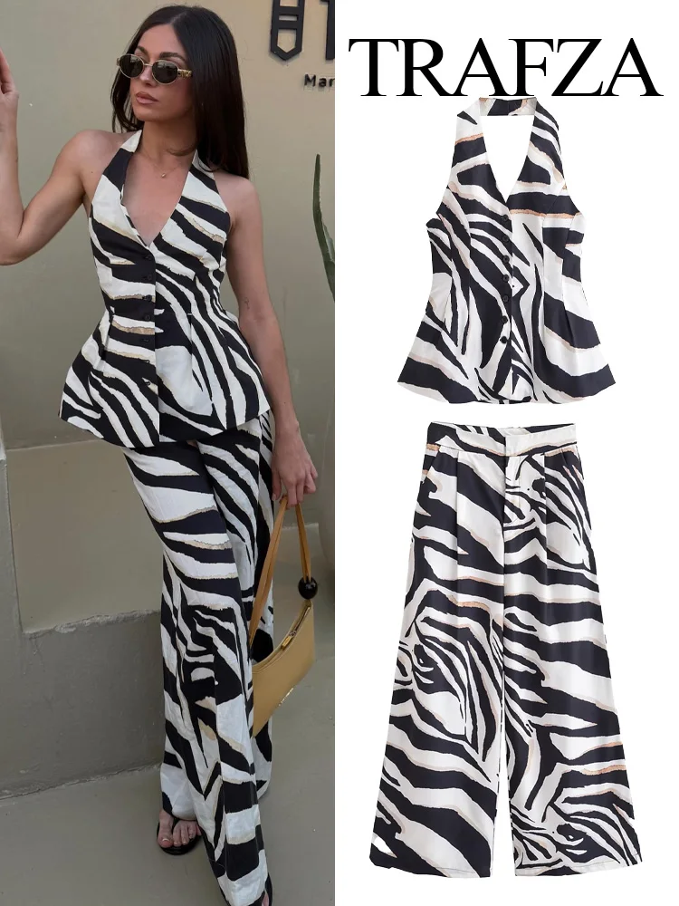 TRAFZA 2025 Women Trouser Suit Button Decorate Sexy Sleeveless Backless Slim Top+Print High Waist Zipper Loose Long Pants
TRAFZA 2025 Women Trouser Suit Button Decorate Sexy Sleeveless Backless Slim Top+Print High Waist Zipper Loose Long Pants