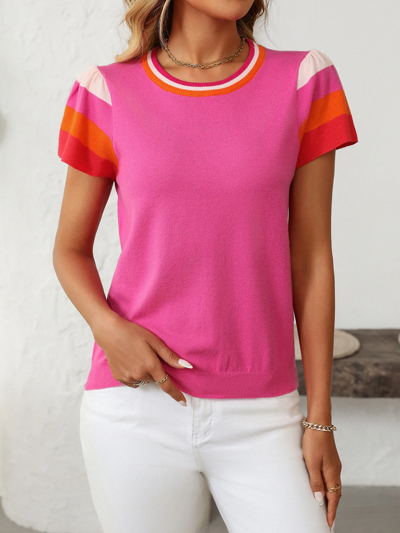 2025 New Summer Women's Knitted O-neck T-shirt Striped Contrasting Sweet Pullover Simple Versatile Top Casual Tees for Female
2025 New Summer Women's Knitted O-neck T-shirt Striped Contrasting Sweet Pullover Simple Versatile Top Casual Tees for Female