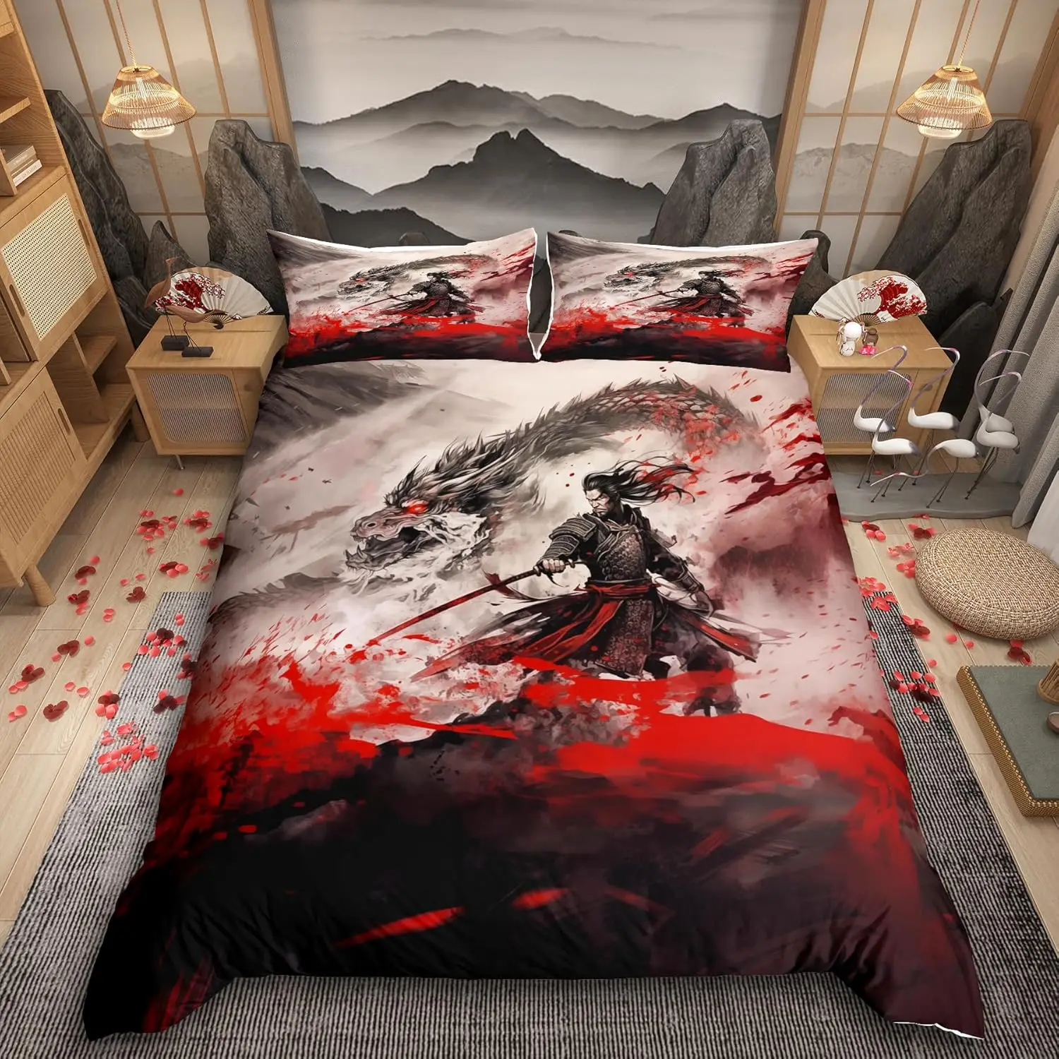 Japanese Ink Style Duvet Cover King Size Samurai Bedding Set With 2 Pillowcases Cool Anime 3D Dark Dragon Quilt
Japanese Ink Style Duvet Cover King Size Samurai Bedding Set With 2 Pillowcases Cool Anime 3D Dark Dragon Quilt