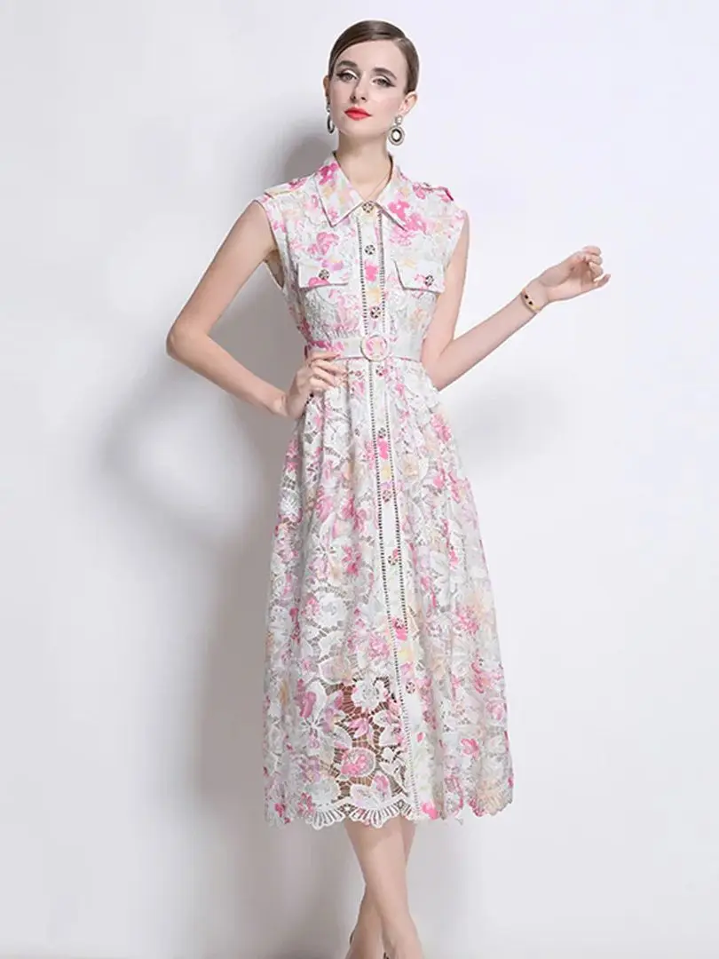 Elegant Water-soluble Lace Printing Formal Dresses Women Lapel Single-breasted Hollow out Belt Slim Temperament Summer Dress
Elegant Water-soluble Lace Printing Formal Dresses Women Lapel Single-breasted Hollow out Belt Slim Temperament Summer Dress