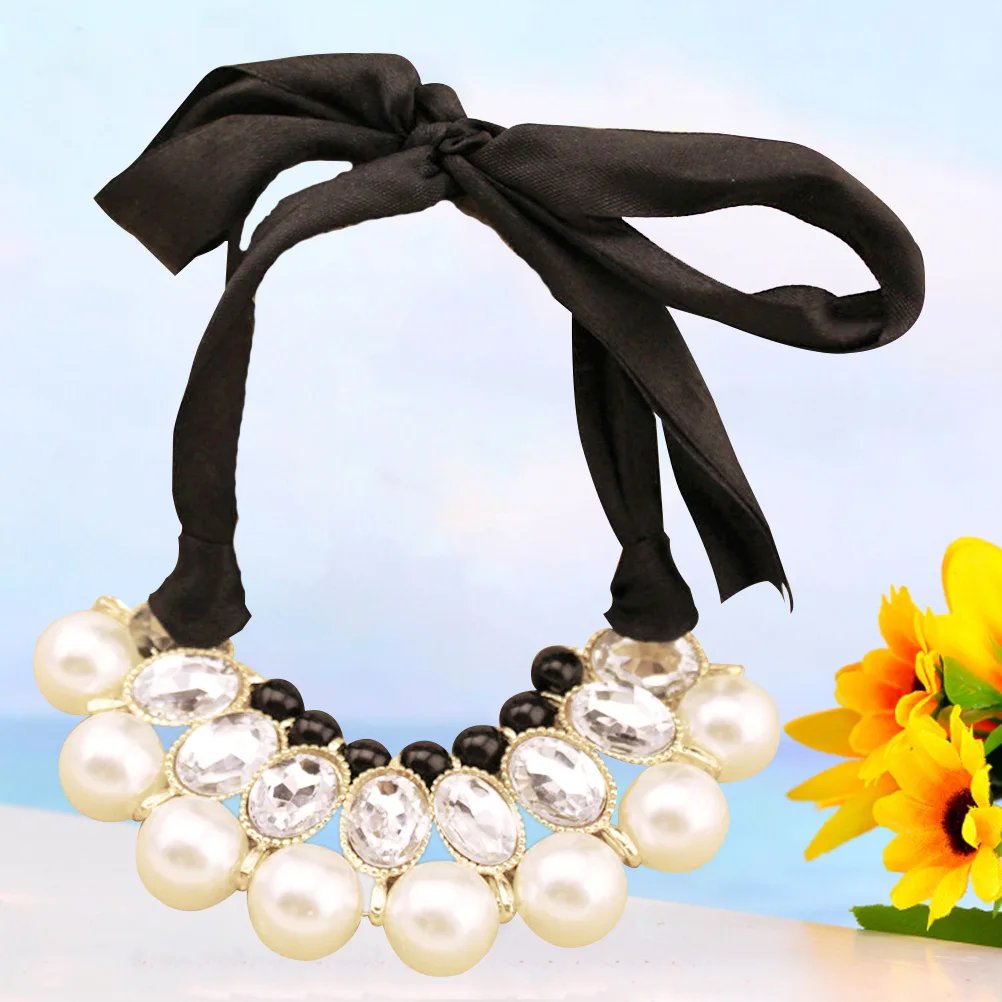 Women's Ribbon Choker Necklace Big Fake Pearls Acrylic Gems Pendant Elegant False Collar White Style False Collar Necklace 
Women's Ribbon Choker Necklace Big Fake Pearls Acrylic Gems Pendant Elegant False Collar White Style False Collar Necklace