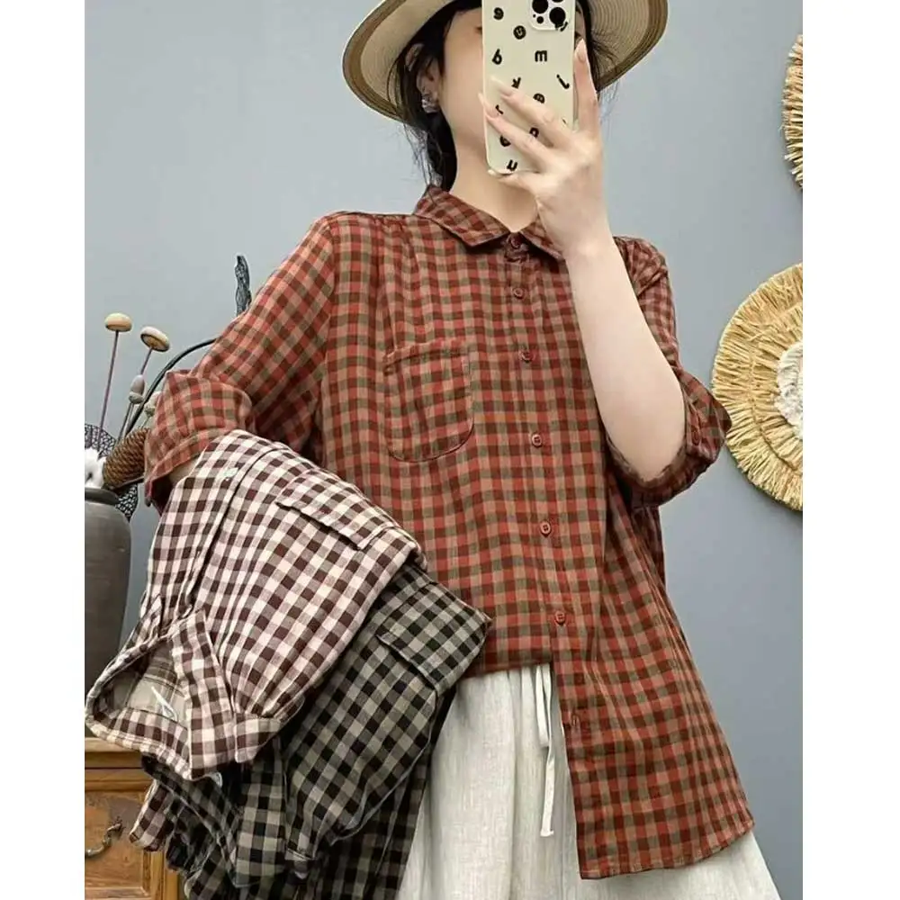 Japanese Vintage Mori Girl Plaid 100% Cotton Yarn Shirts Women Summer Turn Down Collar Half Sleeve Casual Loose Blouse Tops 
Japanese Vintage Mori Girl Plaid 100% Cotton Yarn Shirts Women Summer Turn Down Collar Half Sleeve Casual Loose Blouse Tops