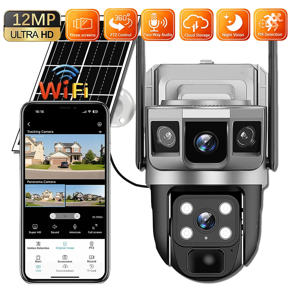 WIFI Solar Camera CCTV 6K 12MP HD Triple Screen Monitor Auto Tracking PTZ Outdoor Security Surveillance Night Vision IP Camera
WIFI Solar Camera CCTV 6K 12MP HD Triple Screen Monitor Auto Tracking PTZ Outdoor Security Surveillance Night Vision IP Camera