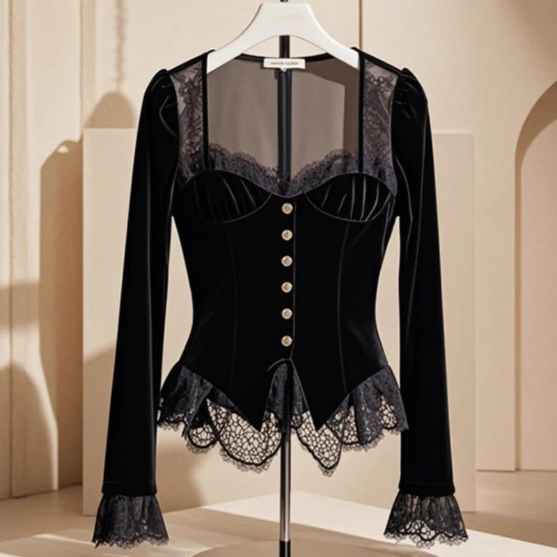 Spring Fall 2025 Fashion Women Square Collar Lace Patchwork Black Velvet Top Shirt , Woman Flare Sleeve Tops Shirts
Spring Fall 2025 Fashion Women Square Collar Lace Patchwork Black Velvet Top Shirt , Woman Flare Sleeve Tops Shirts