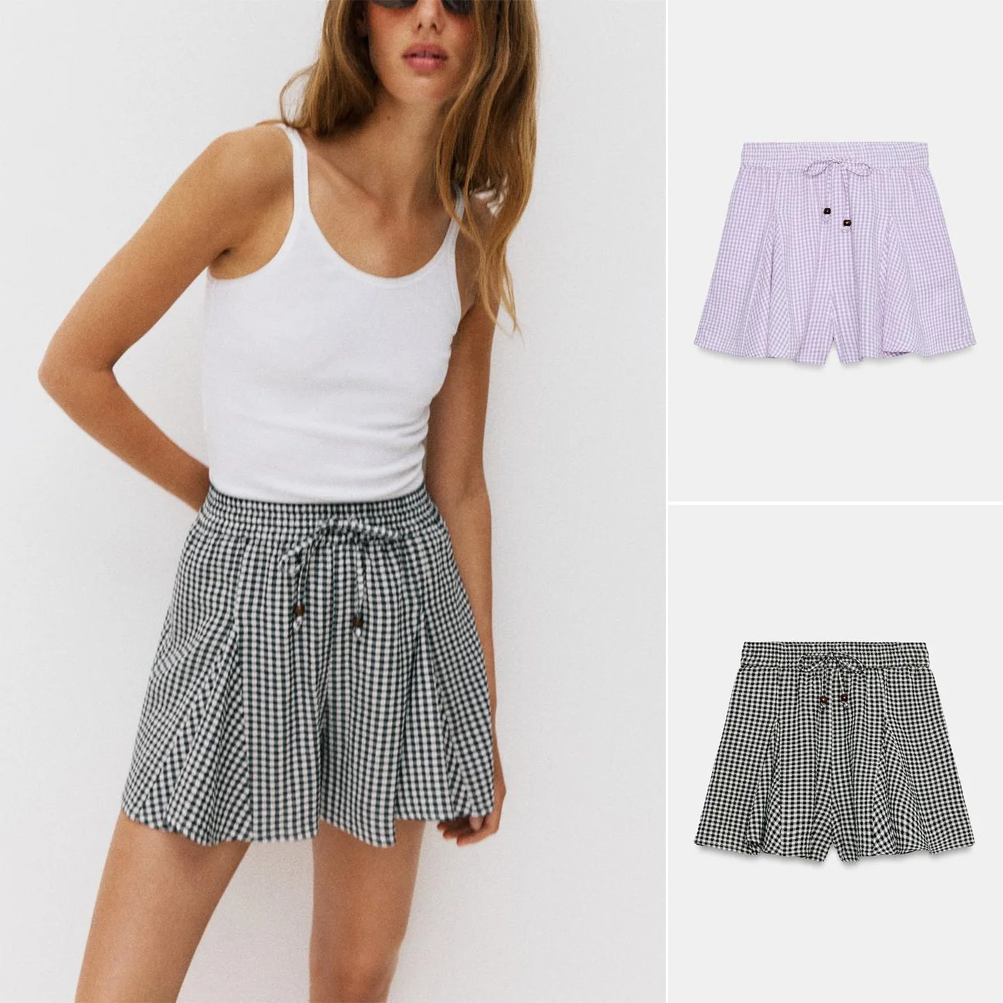 Summer New Women's High Waist A-Line Skirt with Beads Waistband Small Plaid Wide Leg Short Pants Polyester Fiber Gored Skirt
Summer New Women's High Waist A-Line Skirt with Beads Waistband Small Plaid Wide Leg Short Pants Polyester Fiber Gored Skirt