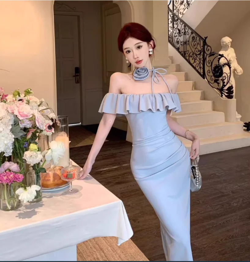 French style ruffled one shoulder dress for women with slim fit and hip wrap dress
French style ruffled one shoulder dress for women with slim fit and hip wrap dress