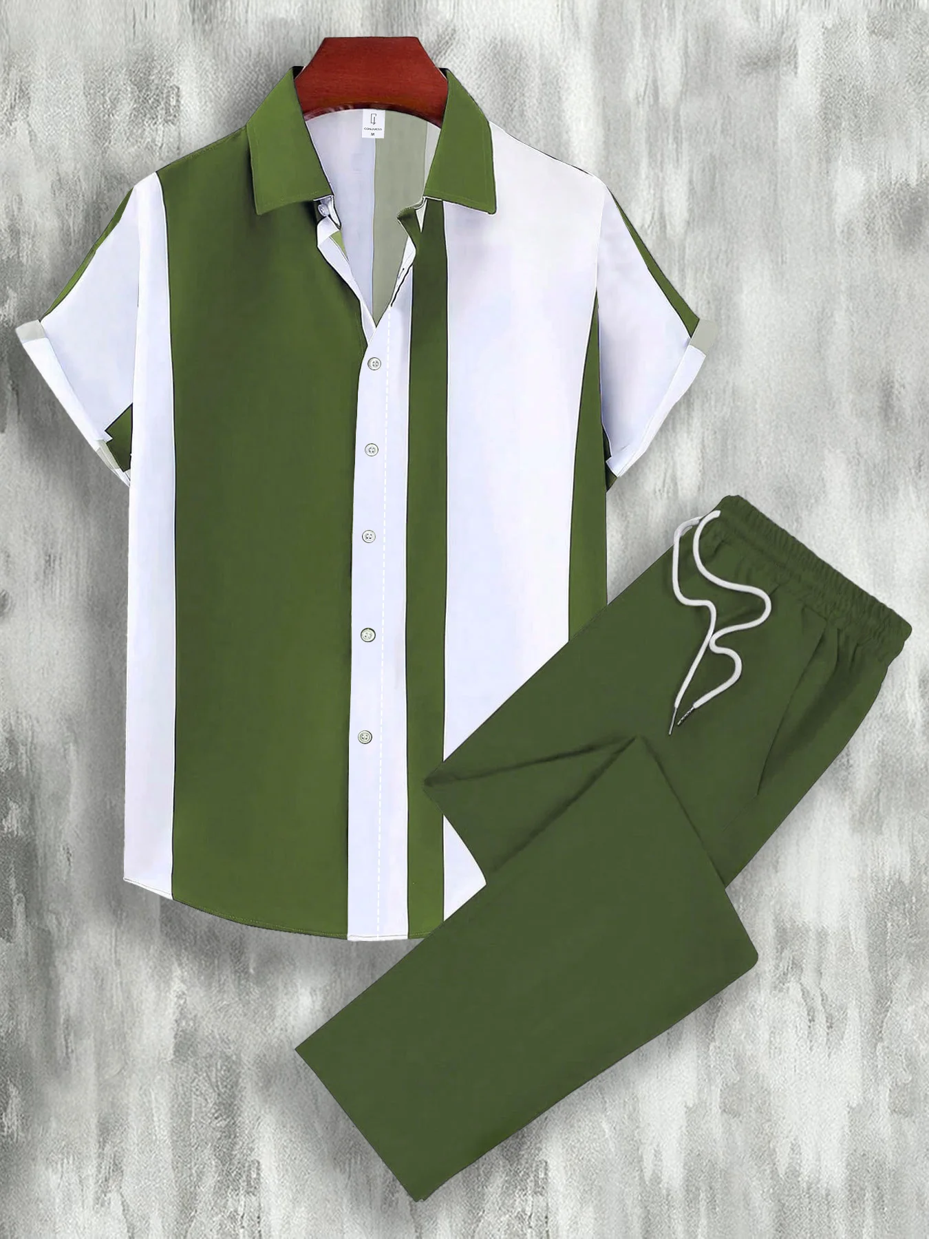Men's Green & White Color Block Vertical Stripe Casual Set 2 Piece Lapel Collar Short Sleeve Shirt & Drawstring Pants Outfit
Men's Green & White Color Block Vertical Stripe Casual Set 2 Piece Lapel Collar Short Sleeve Shirt & Drawstring Pants Outfit