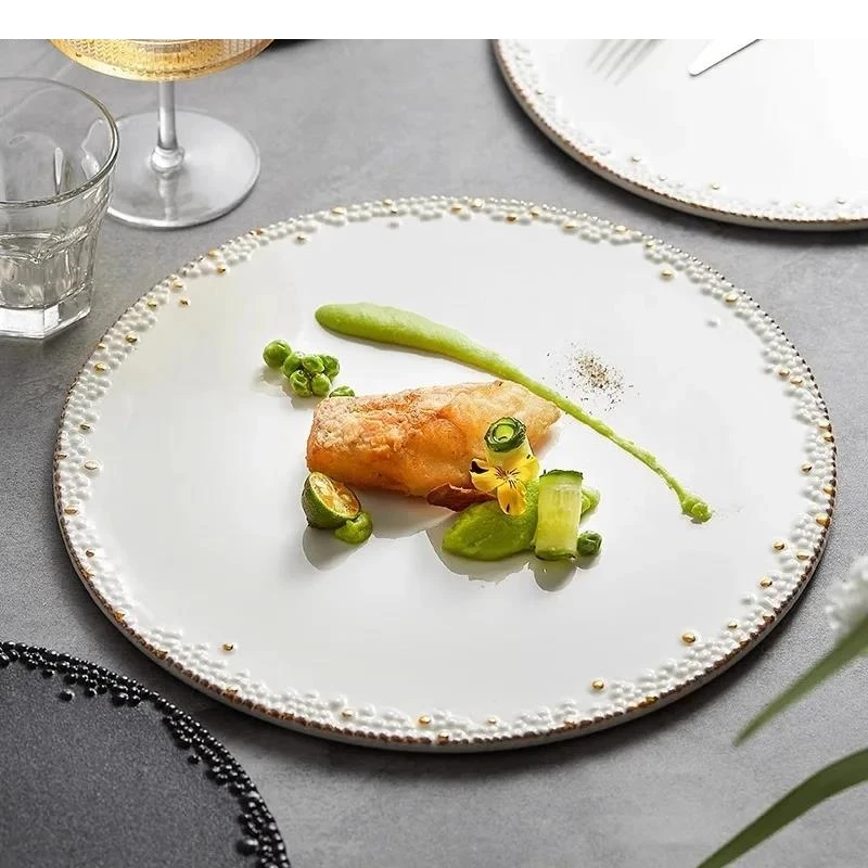 Керамическая плоская тарелка с круглыми точками, ресторанный стейк, десерт, макароны, тарелки, молекулярная кухня, специальная посуда
Керамическая плоская тарелка с круглыми точками, ресторанный стейк, десерт, макароны, тарелки, молекулярная кухня, специальная посуда