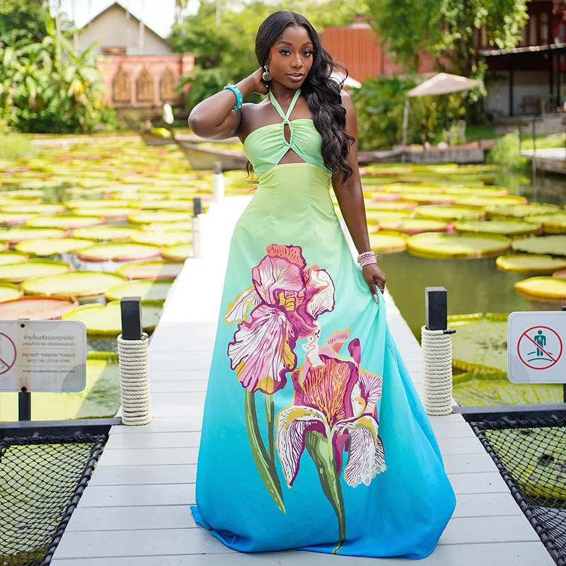 Fresh And Trendy Women's Dress With Gradient Print Pattern, Waist-cinching A-line Design, Halter Neck, And Hollow-out Long Skirt
Fresh And Trendy Women's Dress With Gradient Print Pattern, Waist-cinching A-line Design, Halter Neck, And Hollow-out Long Skirt