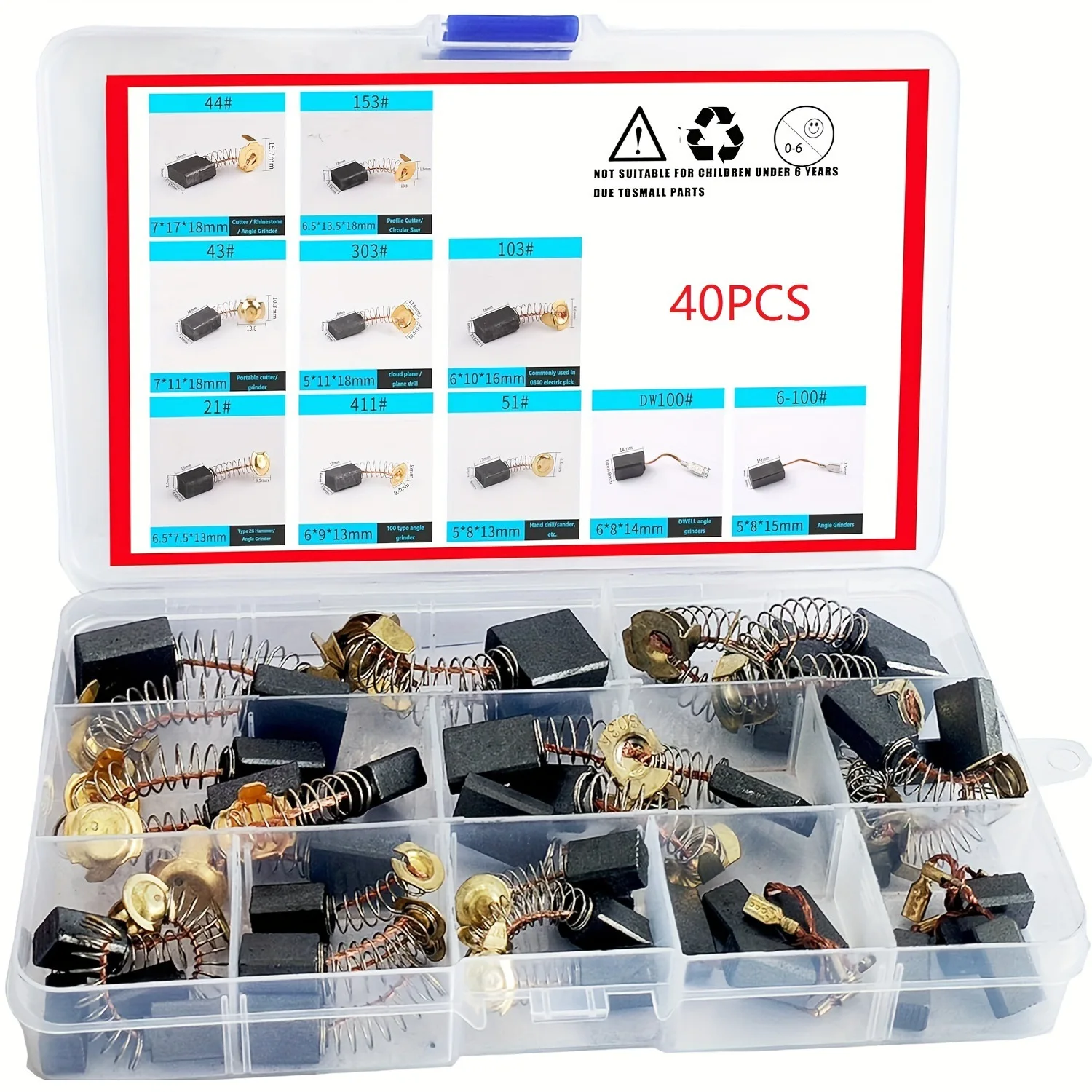 40pcs Carbon Brushes Assorted Set 10 Types for Brush Type Motor Maintenance Compatible with Various Home Appliance Motors
40pcs Carbon Brushes Assorted Set 10 Types for Brush Type Motor Maintenance Compatible with Various Home Appliance Motors