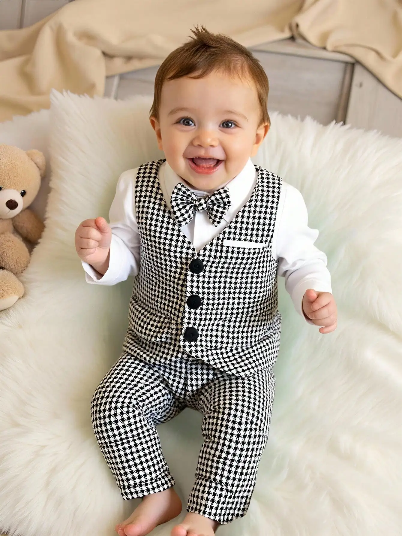 Baby Boy Houndstooth Vest & Pants Set with Bow Tie, Formal Occasion Outfit
Baby Boy Houndstooth Vest & Pants Set with Bow Tie, Formal Occasion Outfit