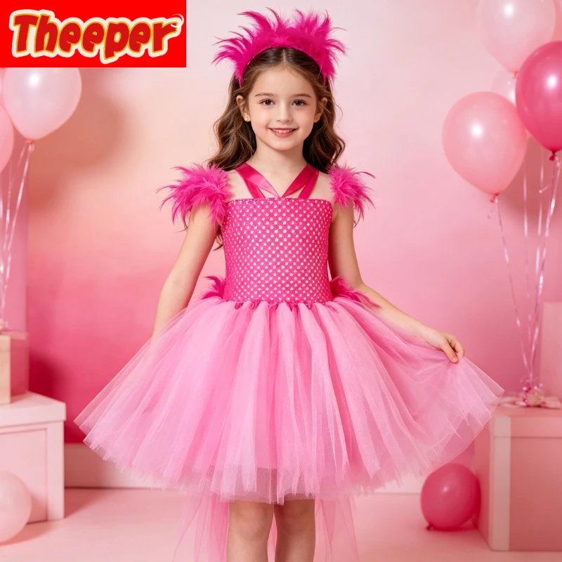 Tropical Flamingo Fancy Tulle Gown with Trailing Hem, Delicate Feather Ornament and Hair Bow for Masquerades and Holiday Shoots
Tropical Flamingo Fancy Tulle Gown with Trailing Hem, Delicate Feather Ornament and Hair Bow for Masquerades and Holiday Shoots
