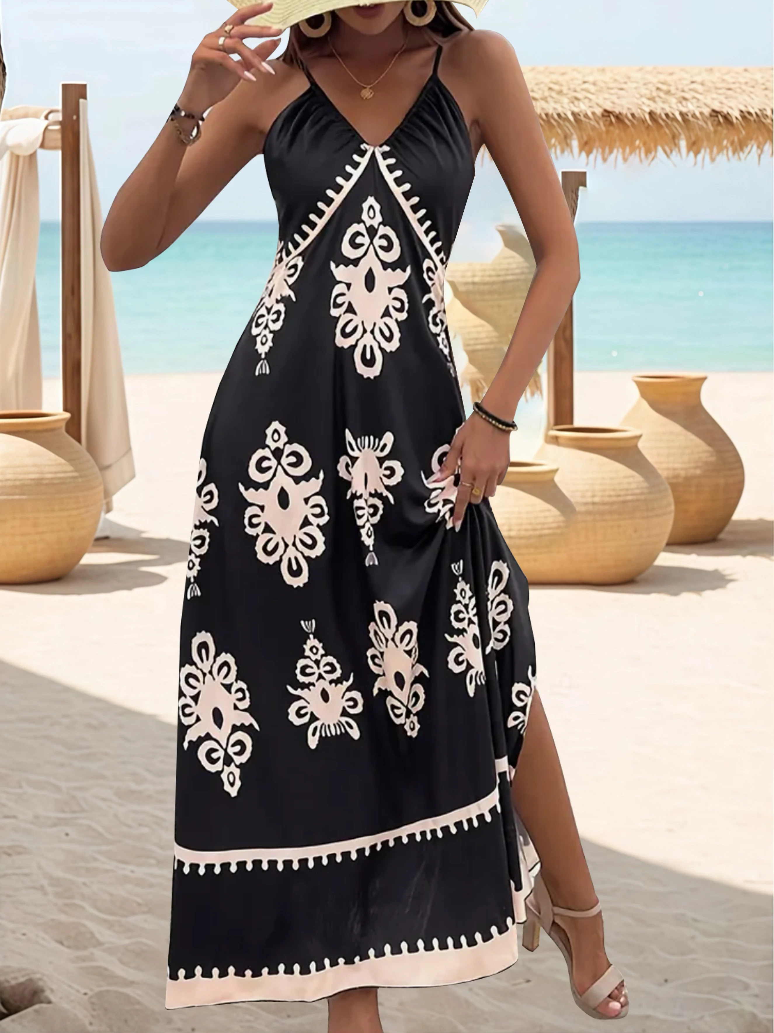 Boho Chic Floral Print V-Neck Maxi Dress - Plus Size Summer Beach Coverup with Strappy Design
Boho Chic Floral Print V-Neck Maxi Dress - Plus Size Summer Beach Coverup with Strappy Design
