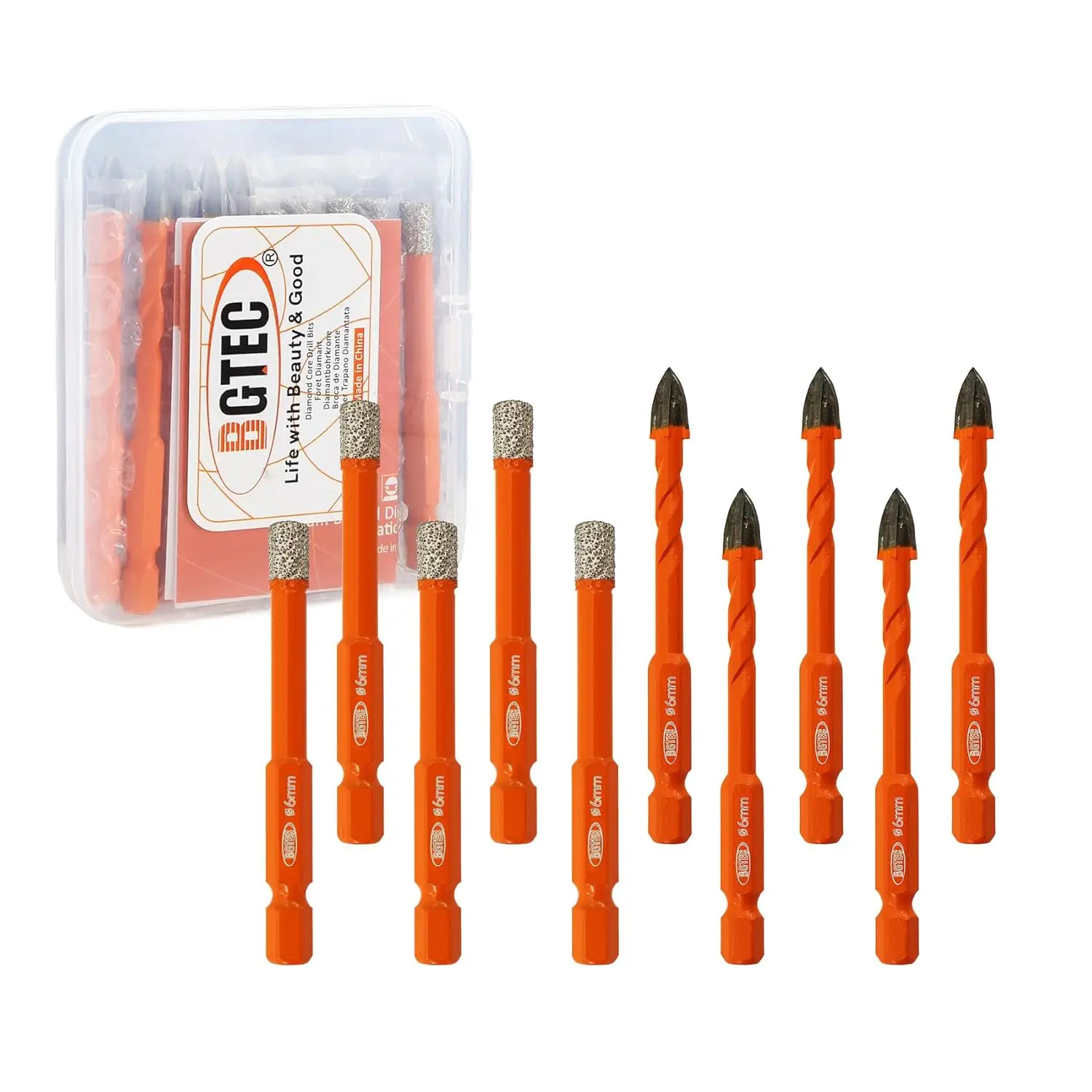 10-Piece Dry Diamond Drill Bit Set for Tile, Granite, Marble, Porcelain, Ceramic & Glass - 1/4" 6mm
10-Piece Dry Diamond Drill Bit Set for Tile, Granite, Marble, Porcelain, Ceramic & Glass - 1/4" 6mm