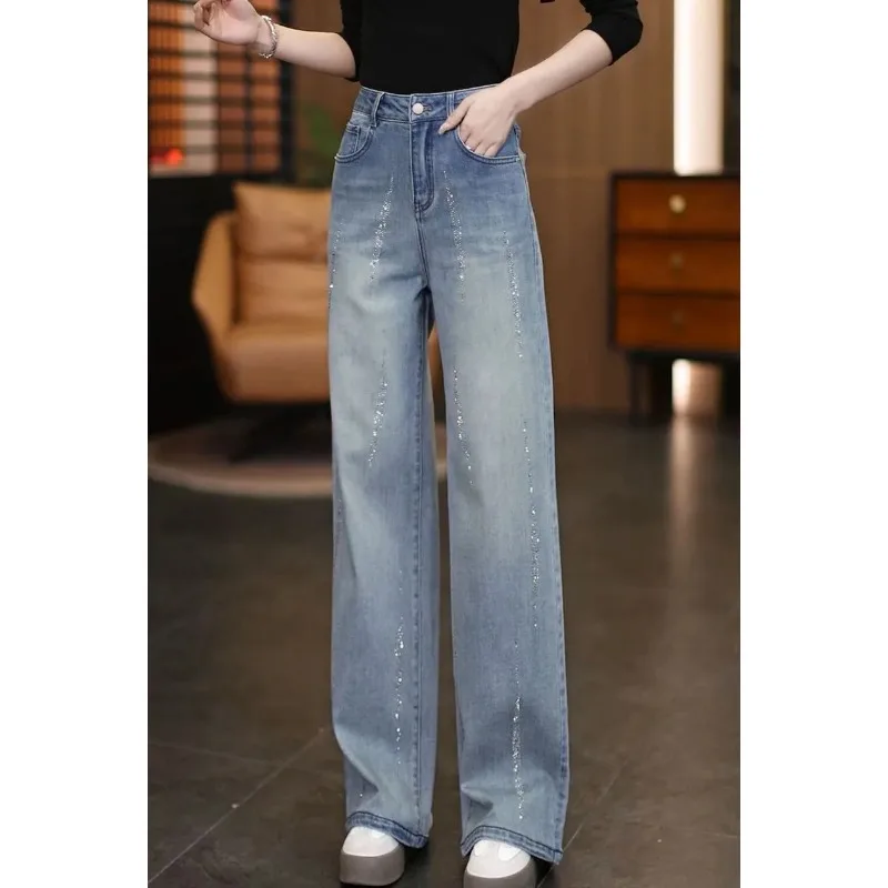 Women's High Waist Rhinestone Wide Leg Jeans Slim Straight Denim Pants
Women's High Waist Rhinestone Wide Leg Jeans Slim Straight Denim Pants
