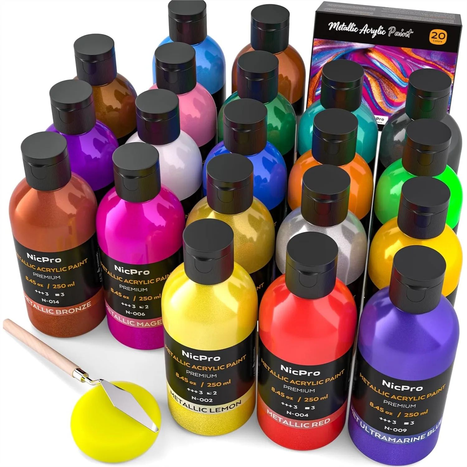 Metallic Acrylic Paint Set 20 Colors 8.45 oz Each for Canvas Wood Rock Leather Metal Craft with Color Wheel
Metallic Acrylic Paint Set 20 Colors 8.45 oz Each for Canvas Wood Rock Leather Metal Craft with Color Wheel
