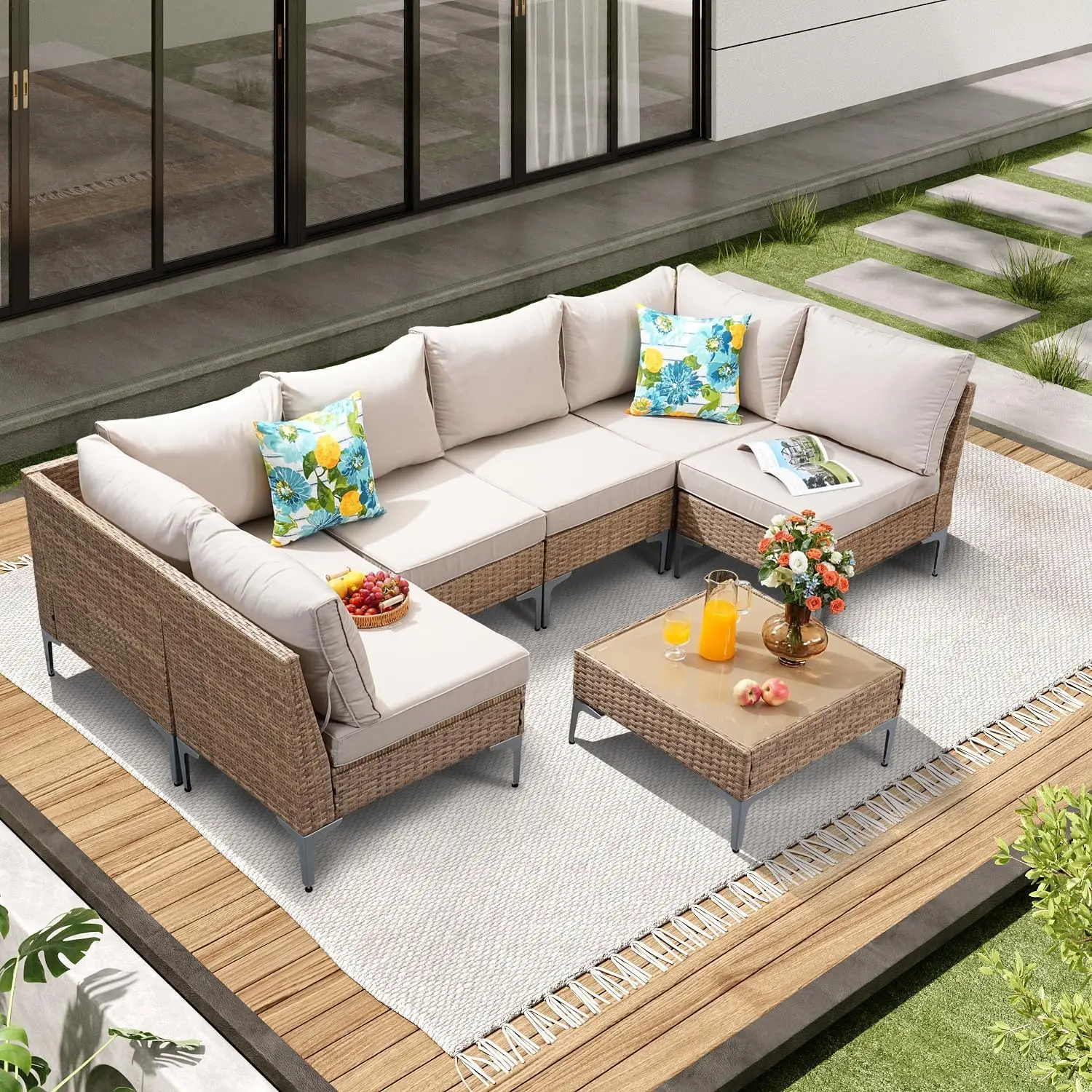 7 Piece Wicker Patio Furniture Set,Outdoor Conversation Sectional Sofa w/Coffee Table,Poolside,Garden,Beige
7 Piece Wicker Patio Furniture Set,Outdoor Conversation Sectional Sofa w/Coffee Table,Poolside,Garden,Beige