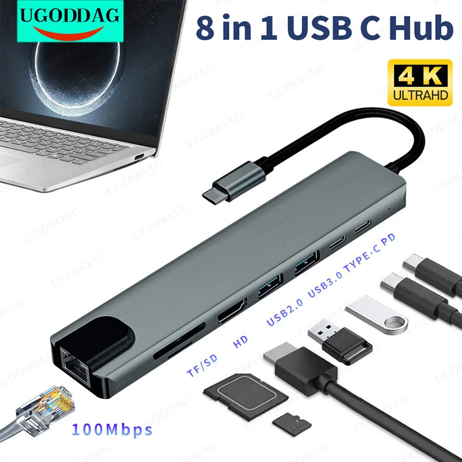 USB Type C Docking Station USB C Hub 3.0 Adapter 8 in 1 HDMI-Compatible SD/TF Card Reader for Macbook Air iPad Laptop Computer
USB Type C Docking Station USB C Hub 3.0 Adapter 8 in 1 HDMI-Compatible SD/TF Card Reader for Macbook Air iPad Laptop Computer