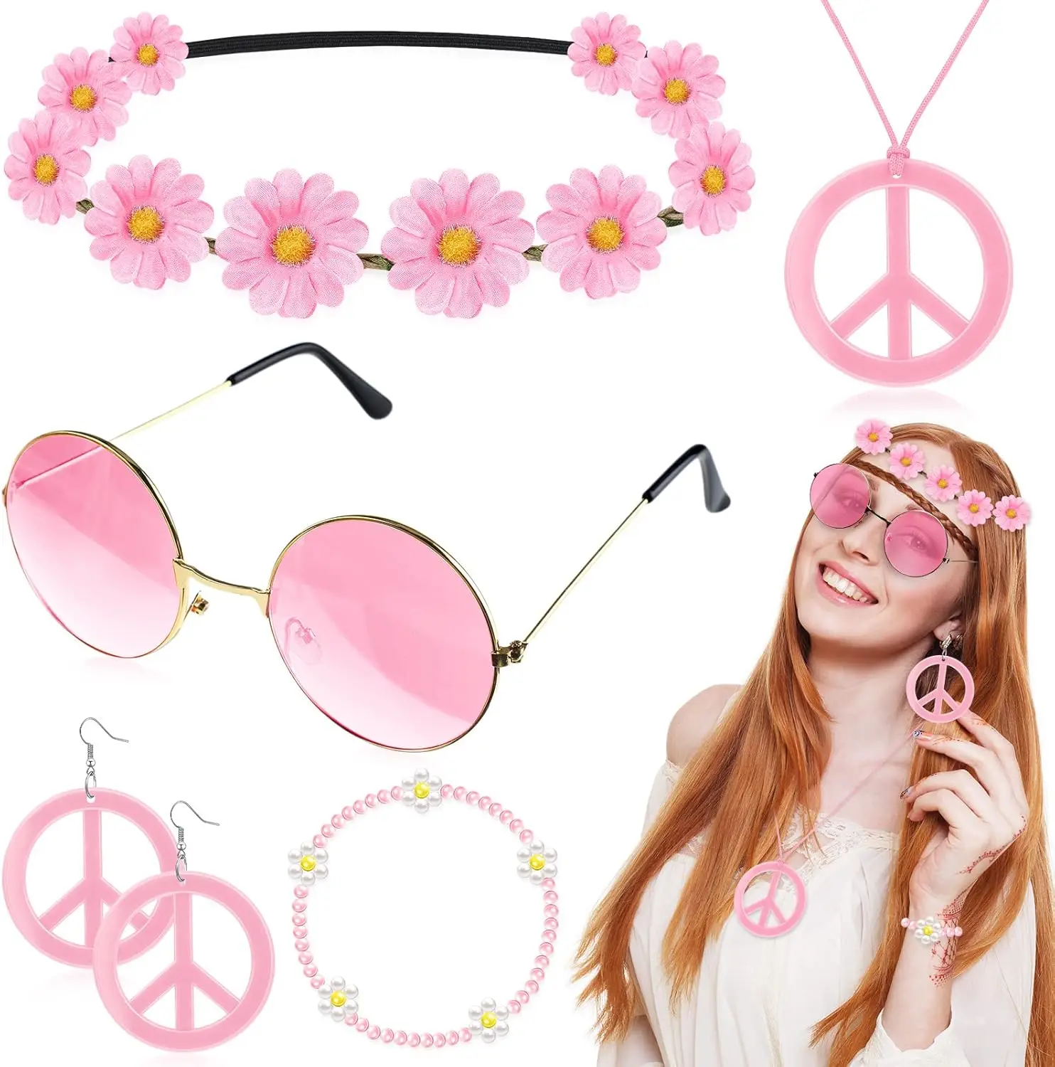 6 Pcs Hippie Costume Accessories Set, Boho Peace Sign Daisy Flower 60s 70s Party Favors for Groovy Party Women (Pink)
6 Pcs Hippie Costume Accessories Set, Boho Peace Sign Daisy Flower 60s 70s Party Favors for Groovy Party Women (Pink)