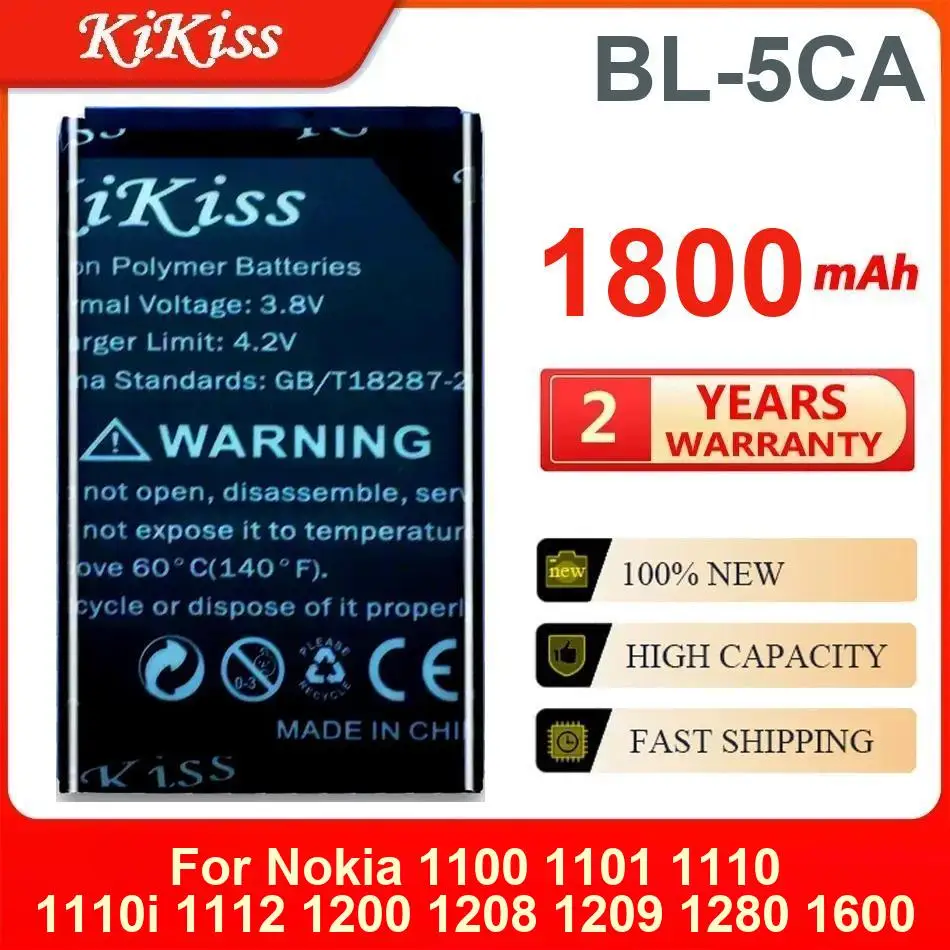 1800Mah Kikiss Battery BL-5CA For Nokia 1100 1101 1110 1110I 1112 1200 1208 1209 1280 1600
1800Mah Kikiss Battery BL-5CA For Nokia 1100 1101 1110 1110I 1112 1200 1208 1209 1280 1600