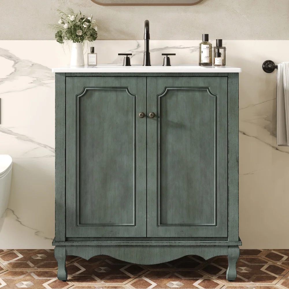 30" Vintage Bathroom Vanity with Rectangle Ceramic Sink Antique Vanity Cabinet with Adjustable Storage Shelves Soft-Close Doors
30" Vintage Bathroom Vanity with Rectangle Ceramic Sink Antique Vanity Cabinet with Adjustable Storage Shelves Soft-Close Doors