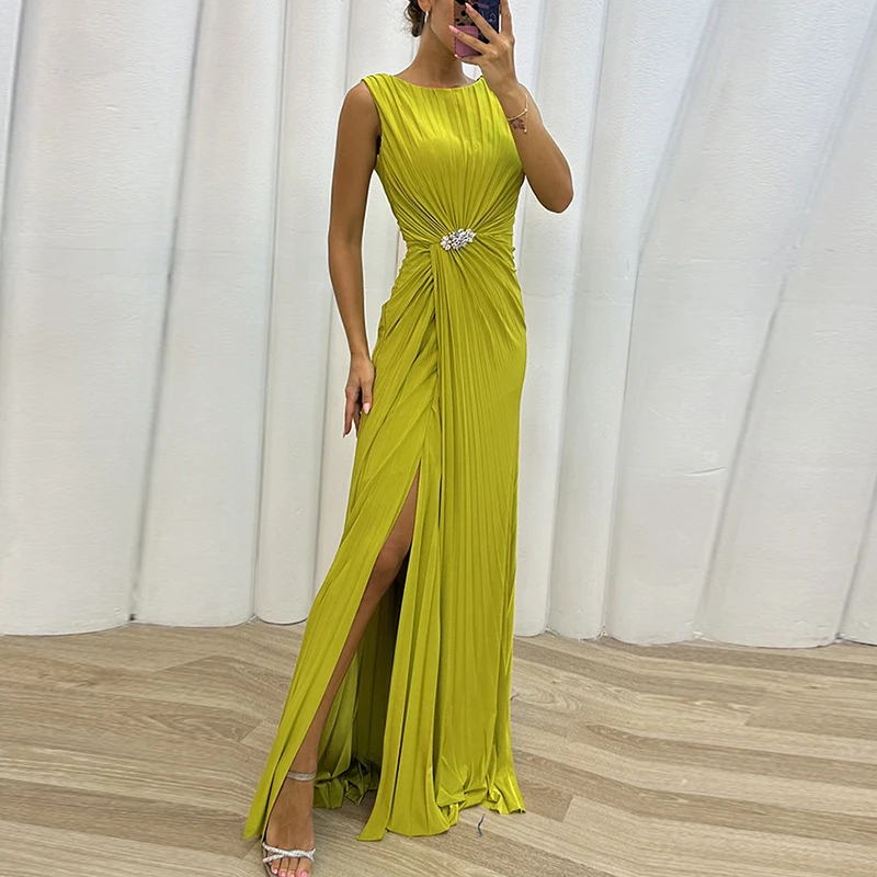 2023 Women Sleeveless Fashion Maxi Dress Female O-Neck Slim Evening Dress Vestido New Skinny Stitching Pleated Slit Casual Dress
2023 Women Sleeveless Fashion Maxi Dress Female O-Neck Slim Evening Dress Vestido New Skinny Stitching Pleated Slit Casual Dress