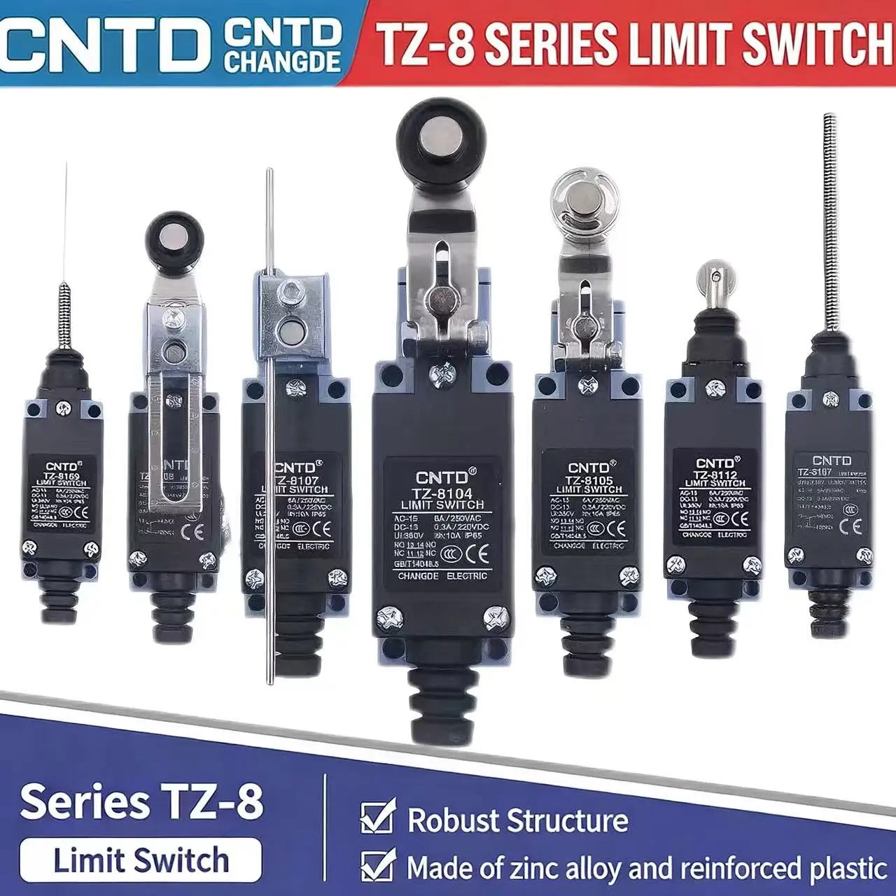 CNTD TZ-8 Series Limit Switch Plastic Roller Lever Type1NO/1NC Snap Action IP65 Waterproof Oilproof 6A/250VAC 0.3A/220VDC CE CCC
CNTD TZ-8 Series Limit Switch Plastic Roller Lever Type1NO/1NC Snap Action IP65 Waterproof Oilproof 6A/250VAC 0.3A/220VDC CE CCC