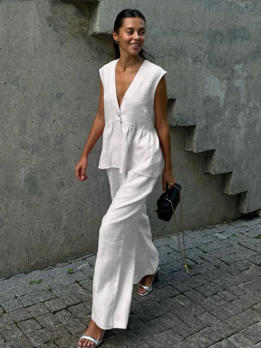 Women Solid Summer Cotton Linen Casual Loose 2 Piece Set Sexy V-neck Sleeveless Ruffles Irregular Tank Top + Wide Leg Pants Suit
Women Solid Summer Cotton Linen Casual Loose 2 Piece Set Sexy V-neck Sleeveless Ruffles Irregular Tank Top + Wide Leg Pants Suit