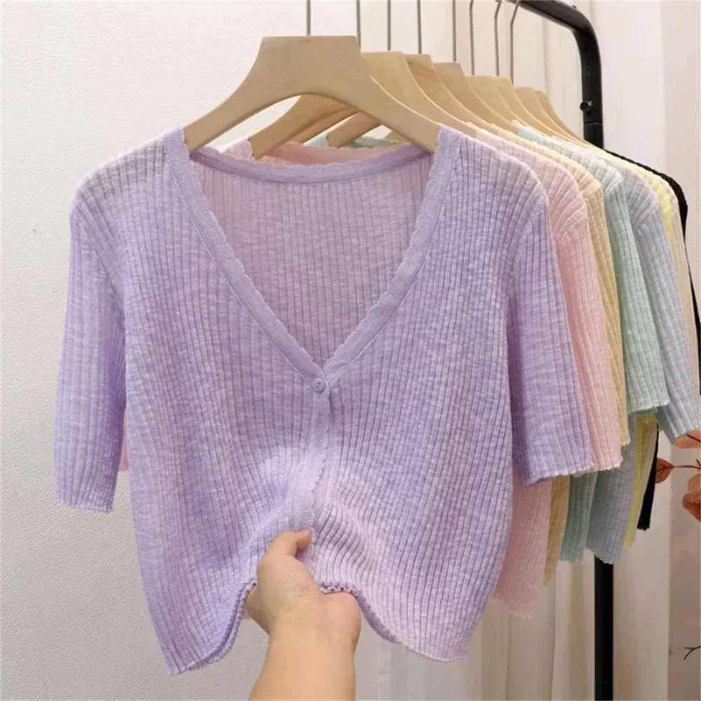Fashion Summer Knitted Cardigans Short Sleeved Short Thin Sunscreen Shawl Women Sunscreen Tops Korean Elegant Shrug Clothes Tops
Fashion Summer Knitted Cardigans Short Sleeved Short Thin Sunscreen Shawl Women Sunscreen Tops Korean Elegant Shrug Clothes Tops