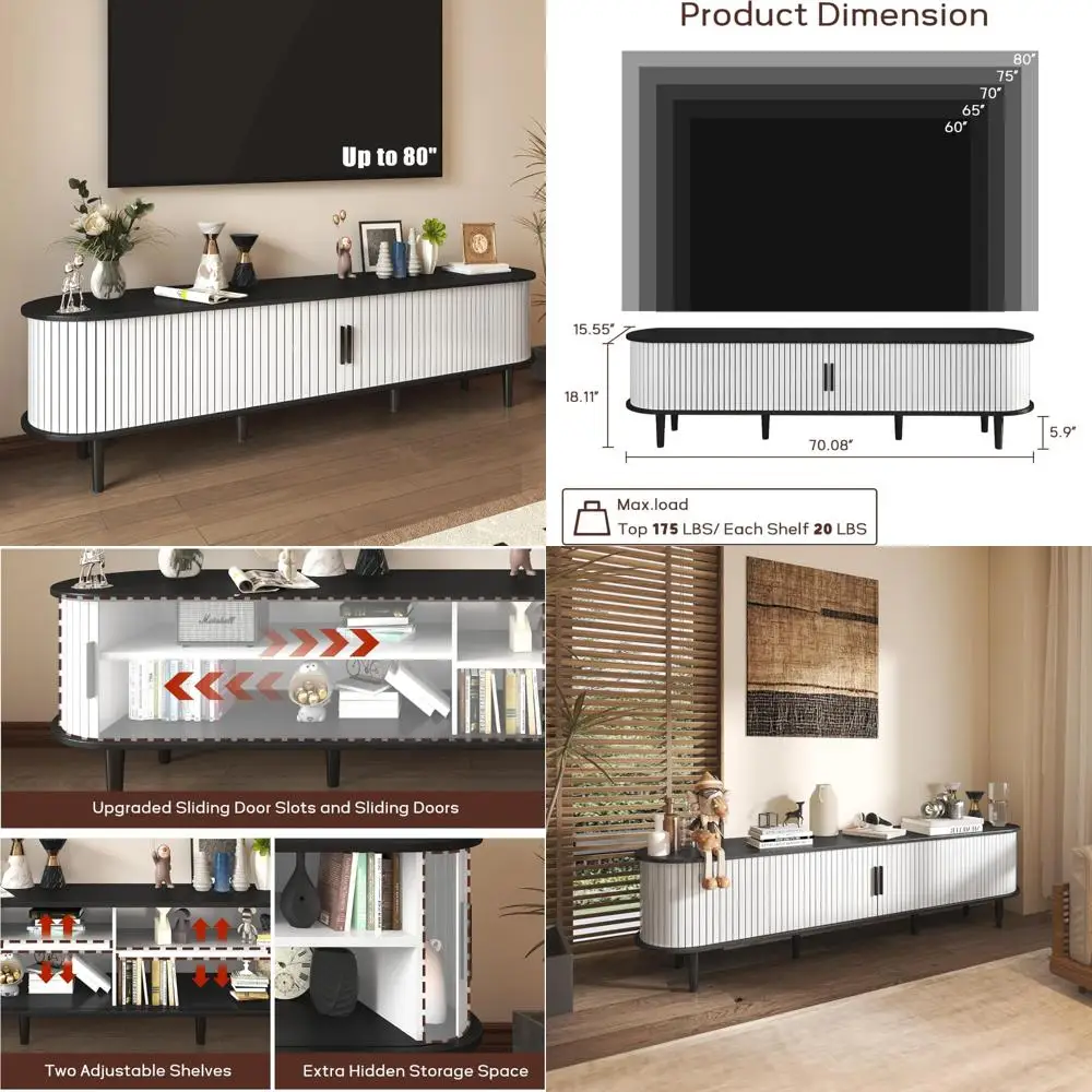 Mid-Century Modern 70 TV Stand with Sliding Doors and Storage for Living Room and Bedroom 
Mid-Century Modern 70 TV Stand with Sliding Doors and Storage for Living Room and Bedroom