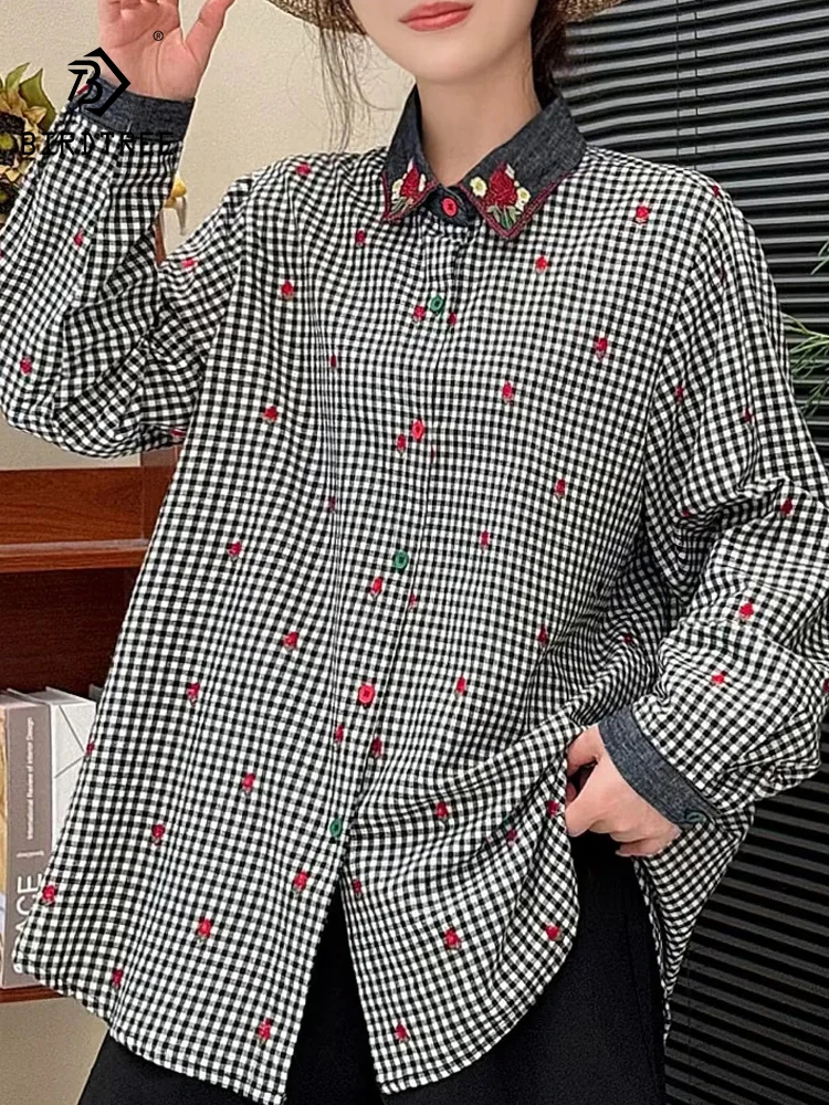 New 2025 Autumn Cotton Long Sleeve Shirt, Women Turn-down Collar Embroidery Plaid, Mori Girl French Retro Loose Blouse T58727CC 
New 2025 Autumn Cotton Long Sleeve Shirt, Women Turn-down Collar Embroidery Plaid, Mori Girl French Retro Loose Blouse T58727CC