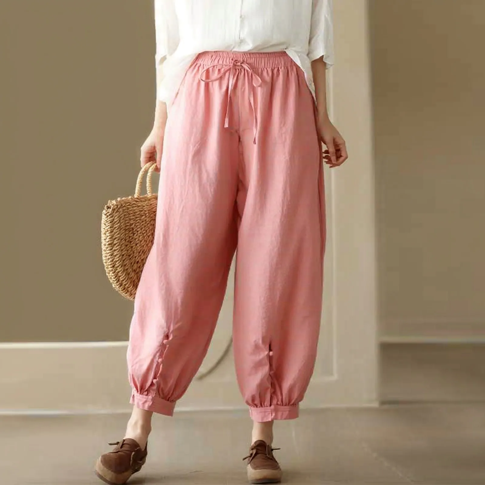 Summer Casual Cotton Linen Harem Cropped Pants Women Loose High Waist Elastic Ankle-length Pants Solid Lady Pocket Trousers
Summer Casual Cotton Linen Harem Cropped Pants Women Loose High Waist Elastic Ankle-length Pants Solid Lady Pocket Trousers