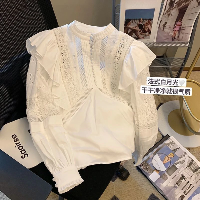 Temperament French White Patchwork Lace Hollowed Out Ruffle Edge Shirt Blusas De Mujer Blouse New Top Embroidery Lady Shirts
Temperament French White Patchwork Lace Hollowed Out Ruffle Edge Shirt Blusas De Mujer Blouse New Top Embroidery Lady Shirts