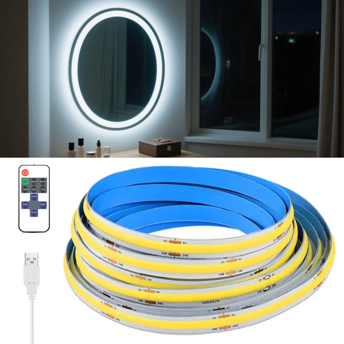 5V LED Mirror Light USB COB LED Strip RA90 Warm/Nature/Cool White 1-5m Lamp Tape for Dressing Table Backlight,RF Remote Dimmable
5V LED Mirror Light USB COB LED Strip RA90 Warm/Nature/Cool White 1-5m Lamp Tape for Dressing Table Backlight,RF Remote Dimmable