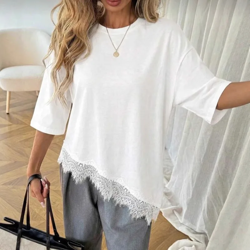 T-shirt Women's Lace Patchwork Top Short Sleeve Design Sense European and American Summer Lace Top Autumn Solid Color T-shirt
T-shirt Women's Lace Patchwork Top Short Sleeve Design Sense European and American Summer Lace Top Autumn Solid Color T-shirt