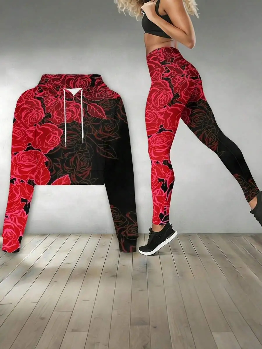 Womens Cropped Hoodie And High Waist Leggings Set Red Roses Print Black Background Yoga Activewear
Womens Cropped Hoodie And High Waist Leggings Set Red Roses Print Black Background Yoga Activewear