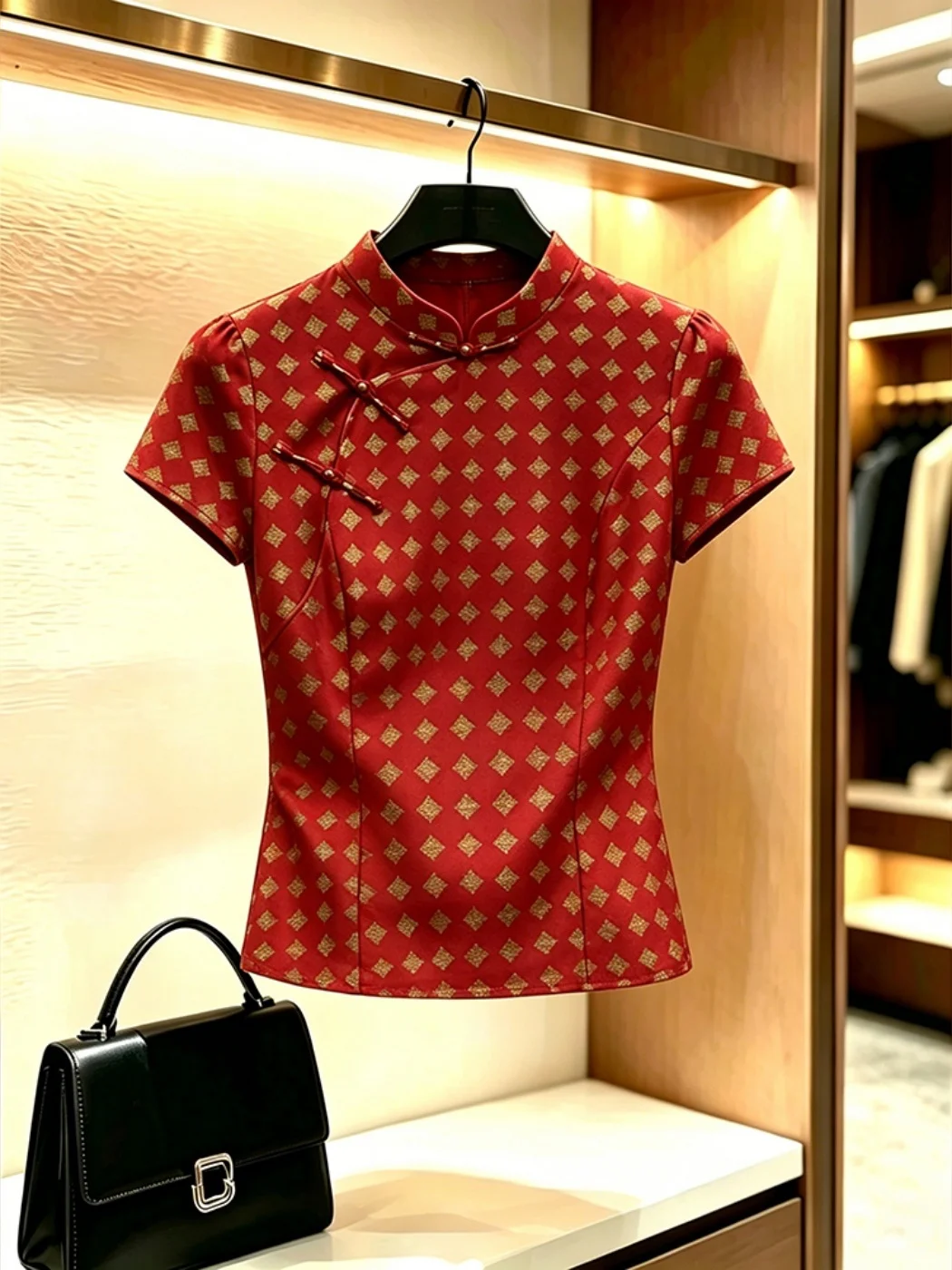 New Chinese Style Short Sleeve Shirt Women's Red Diamond Pattern Stand Collar Slim Fit Summer Fashionable Top Button down
New Chinese Style Short Sleeve Shirt Women's Red Diamond Pattern Stand Collar Slim Fit Summer Fashionable Top Button down