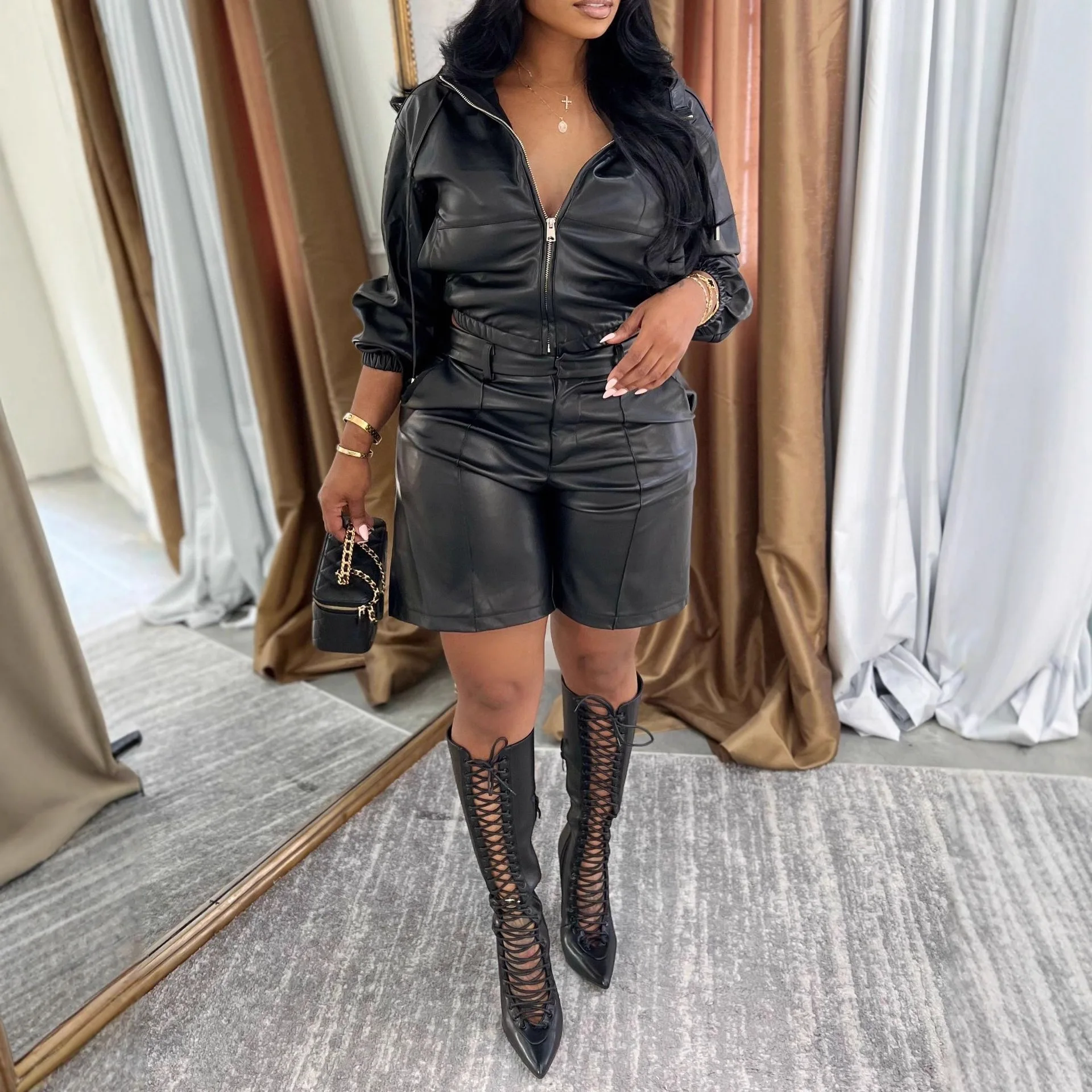 Autumn PU Faux Leather 2 Pieces Set for Woman Motorcycle Long Sleeve Zip Hooded Cropped Jacket and Shorts Matching Sets Outfits
Autumn PU Faux Leather 2 Pieces Set for Woman Motorcycle Long Sleeve Zip Hooded Cropped Jacket and Shorts Matching Sets Outfits