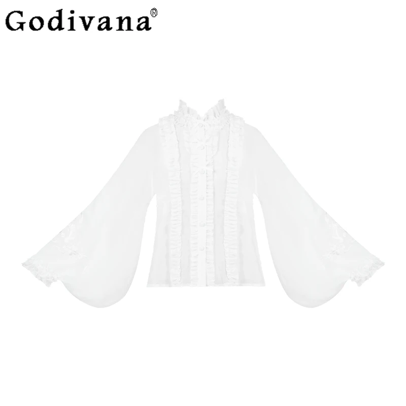 Spring Autumn Chinese Ruffles Stand Collar Loose Embroidered Shirt Sweet Bow Girls White Playful Fashion Versatile Lolita Top
Spring Autumn Chinese Ruffles Stand Collar Loose Embroidered Shirt Sweet Bow Girls White Playful Fashion Versatile Lolita Top