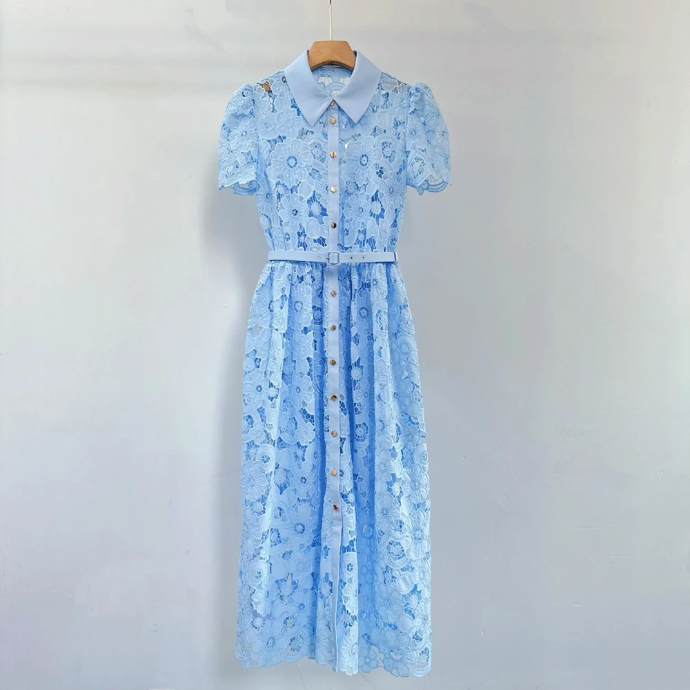 Women's Blue Lace Midi Dress Elegant Peter Pan Collar Short Sleeve A-Line Dress with Belt Formal Party Summer Dresses for Ladies
Women's Blue Lace Midi Dress Elegant Peter Pan Collar Short Sleeve A-Line Dress with Belt Formal Party Summer Dresses for Ladies