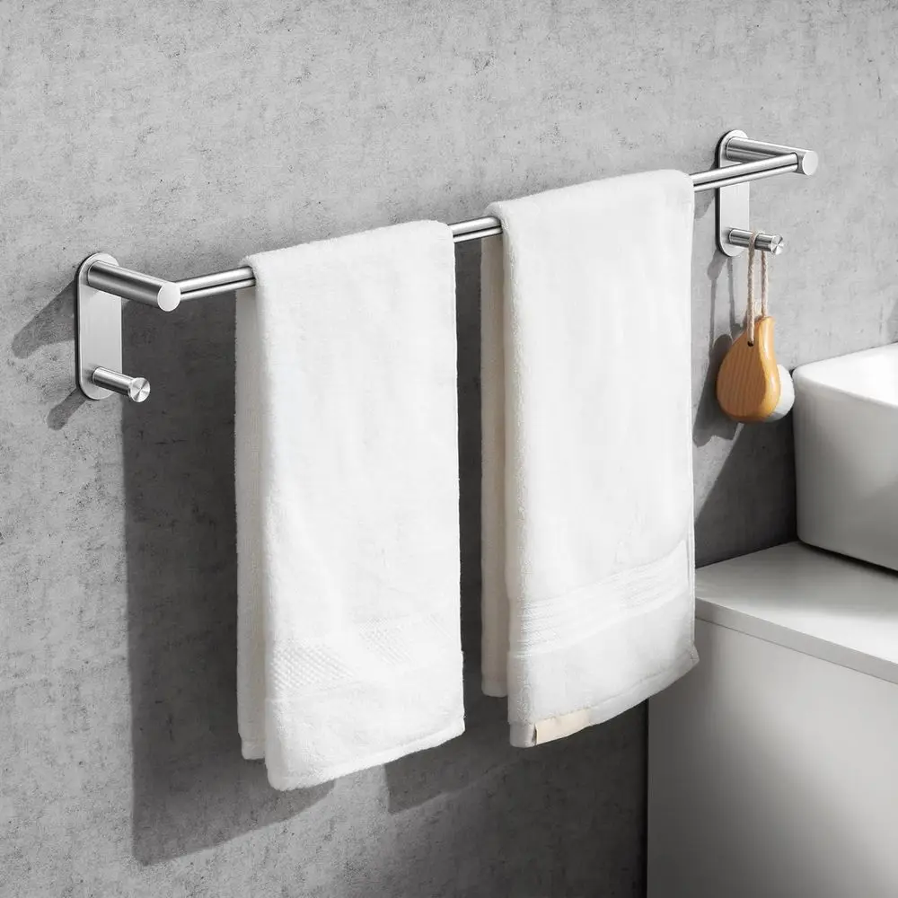 24 Inch Brushed Nickel Adhesive Towel Bar with 2 Hooks - No Drilling Required for Bathroom
24 Inch Brushed Nickel Adhesive Towel Bar with 2 Hooks - No Drilling Required for Bathroom