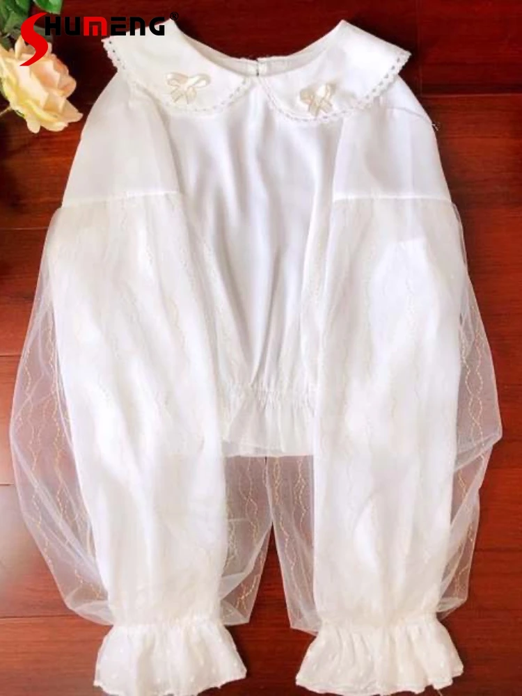 Japanese Sweet Lolita Inner Shirt Doll Collar Bow Mesh Patchwork Flared Sleeves Elastic Waist All-Matching Blouse Tops Women
Japanese Sweet Lolita Inner Shirt Doll Collar Bow Mesh Patchwork Flared Sleeves Elastic Waist All-Matching Blouse Tops Women