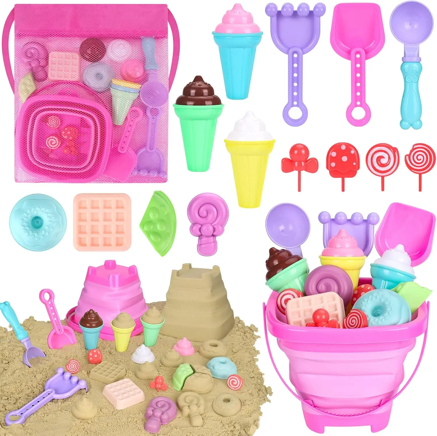 19 PCS Collapsible Beach Toys Set with Mesh Bag, Creative Ice Cream Sand Molds for Kids 3-10
19 PCS Collapsible Beach Toys Set with Mesh Bag, Creative Ice Cream Sand Molds for Kids 3-10